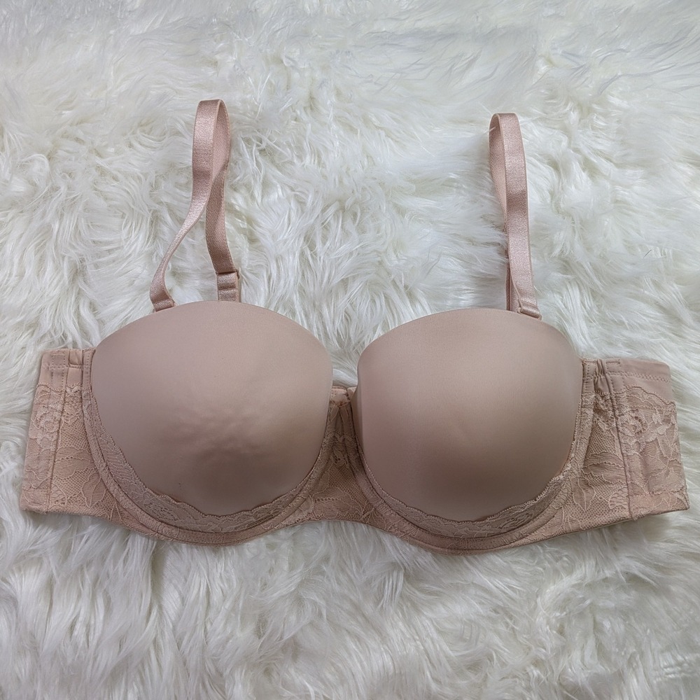 Torrid Curve Multi-Way Strapless Push Up Bra Lace Trim‎ Nude Beige Size 44C